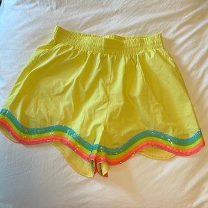 QUEEN OF SPARKLES yellow rainbow scalloped edge shorts